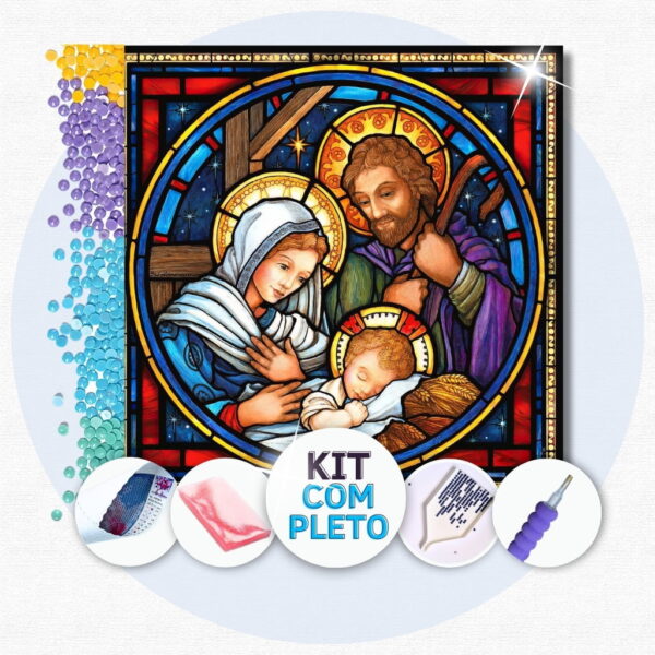 1-1 40x40cm - Vitral Família de Jesus - Kit Pintura Diamante
