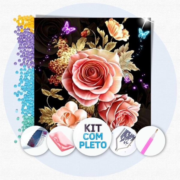 30x30cm - Rosas e Borboletas - Kit Pintura Diamante