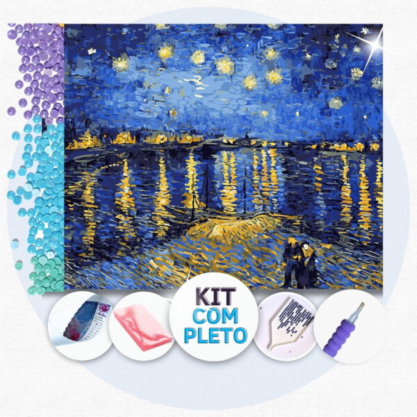 40x30cm - Van Gogh Noite Estrelada Sob o Ródano - Kit Pintura Diamante