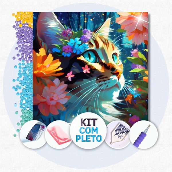 40x40cm - Gato Florido - Kit Pintura Diamante