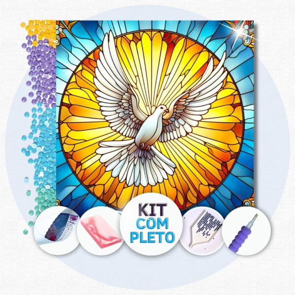 5-1 40x40cm - Vitral Pomba Branca - Kit Pintura Diamante