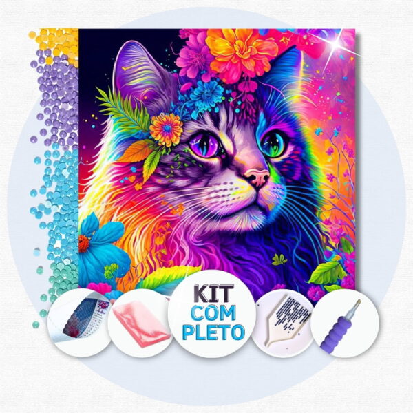 40x40cm - Gato Psicodélico Florido - Kit Pintura Diamante