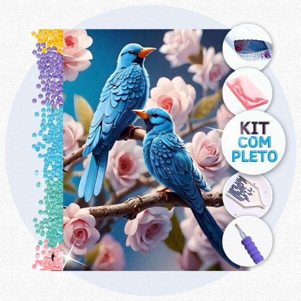 Casal de Pássaros Azuis - Kit Pintura com Cristais