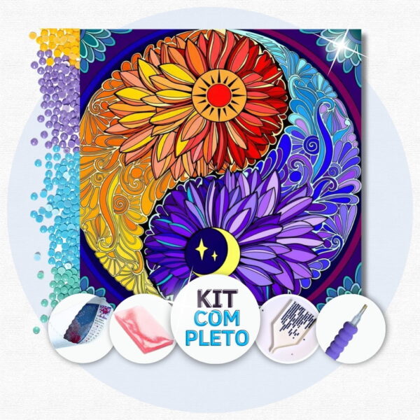 30x30cm - Mandala Sol e Lua Realismo - Kit Pintura Diamante