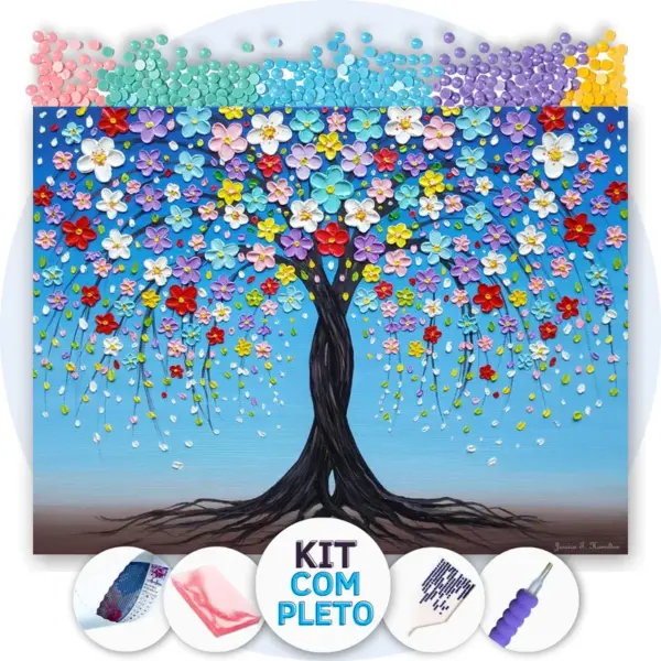 Árvore de Flores Vibrantes - Kit Pintura com Cristais