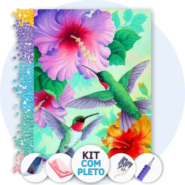 Beija-flor entre Hibiscos - Kit Pintura com Cristais