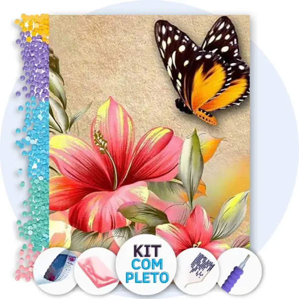 Borboleta e Flores Tropicais - Kit Pintura com Cristais