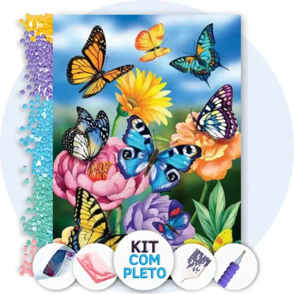 Borboletas entre Flores - Kit Pintura com Cristais