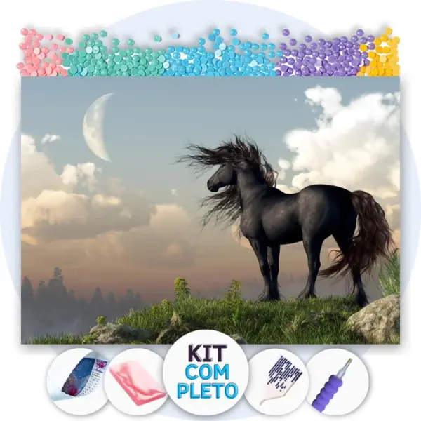 Cavalo Preto Contemplando - Kit Pintura com Cristais