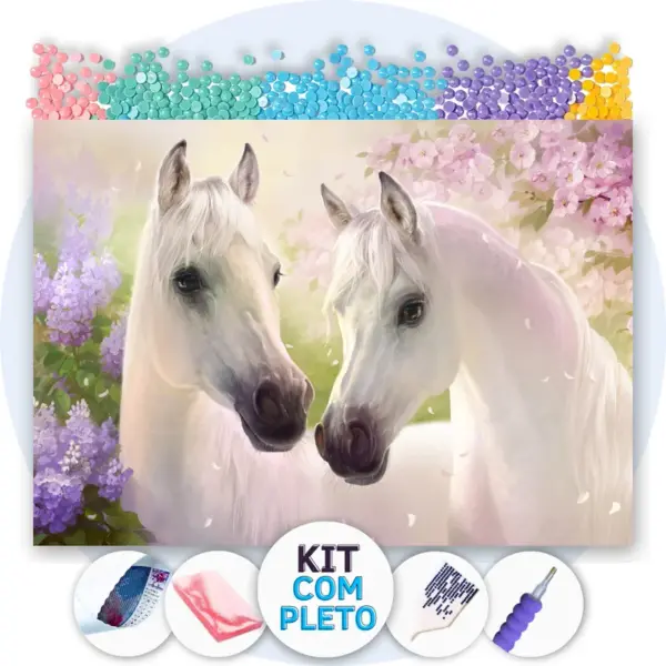 Cavalos Brancos e Flores - Kit Pintura com Cristais