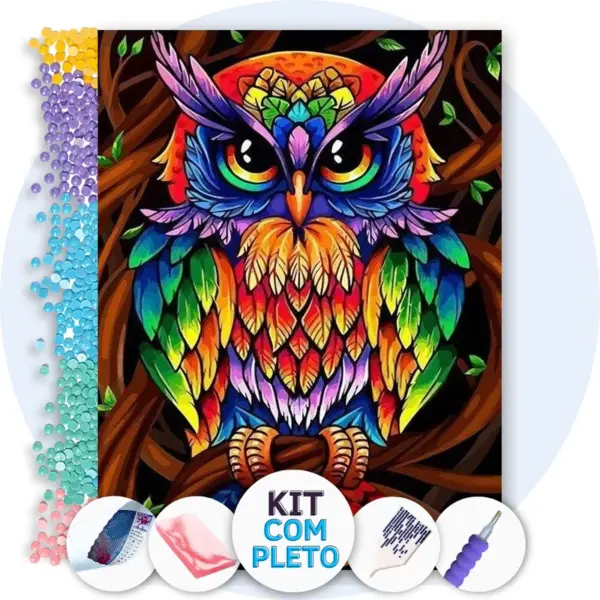 Coruja Moderna Vibrante - Kit Pintura com Cristais