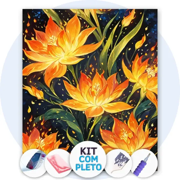 Flores de Fogo Vibrantes - Kit Pintura com Cristais