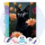 Gato Preto entre Flores - Kit Pintura com Cristais