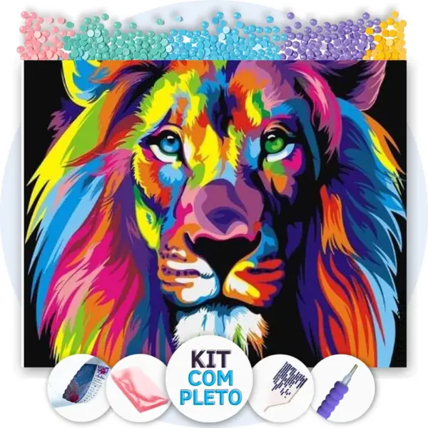 Leão Vibrante Colorido - Kit Pintura com Cristais