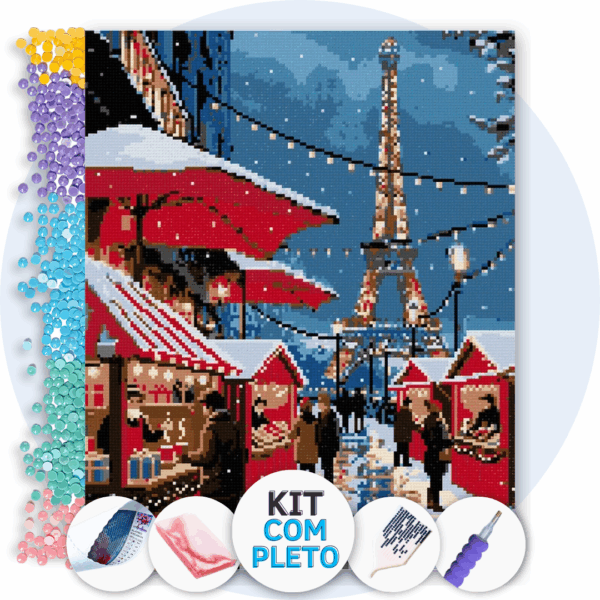 40x50cm - Feira de Natal na Torre Eiffel - Kit Pintura com Cristais