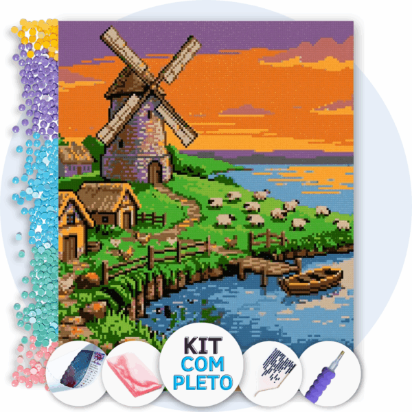 40x50cm - Moinho ao Entardecer - Kit Pintura com Cristais