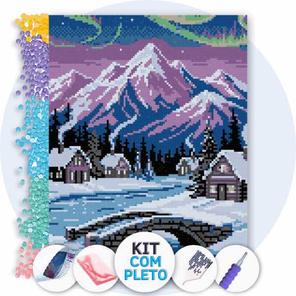 30x40cm - Aurora na Aldeia Invernal - Kit Pintura com Cristais