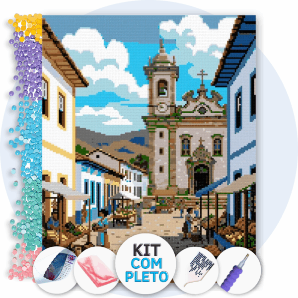 40x50cm - Feira na Rua Colonial - Kit Pintura com Cristais