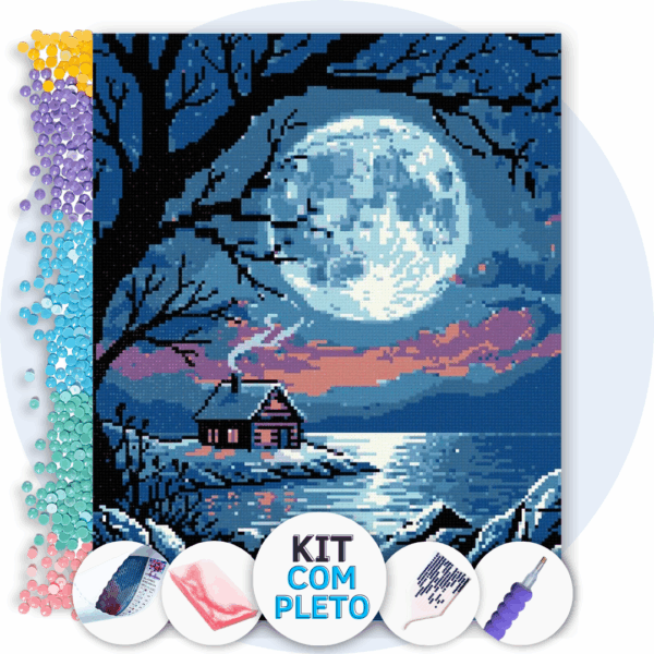 40x50cm - Cabana sob a Lua Cheia - Kit Pintura com Cristais