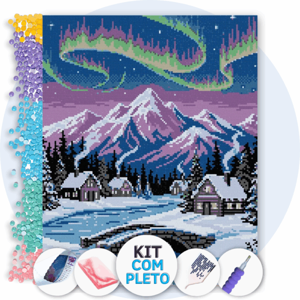 40x50cm - Aurora na Aldeia Invernal - Kit Pintura com Cristais