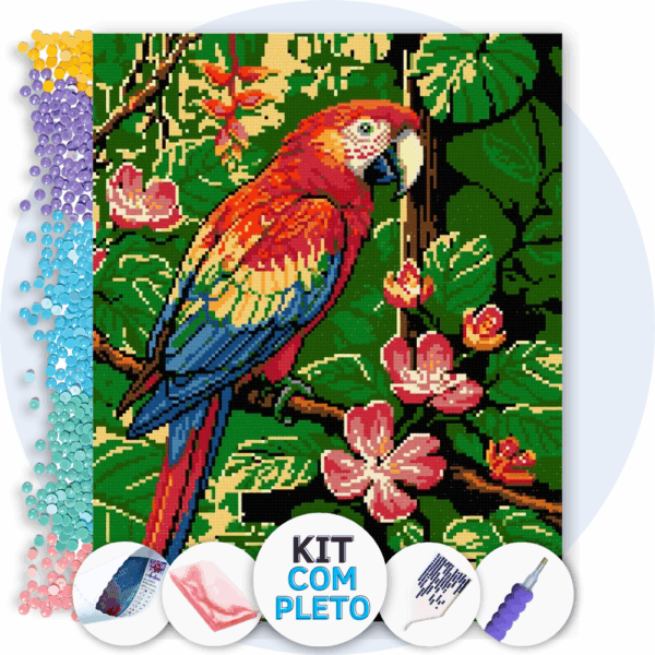 40x50cm - Arara entre flores - Kit Pintura com Cristais