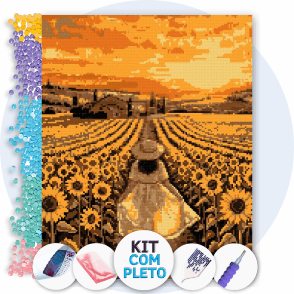 40x50cm - Caminhando pelos Girassóis - Kit Pintura com Cristais