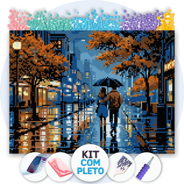 40x30cm - Noite de Chuva e Luzes - Kit Pintura com Cristais - Kit Pintura com Cristais