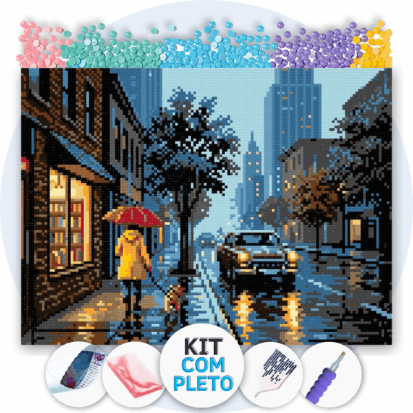 40x30cm - Noite de Chuva na Cidade - Kit Pintura com Cristais