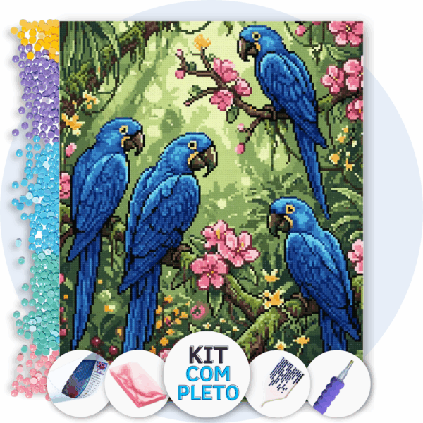 40x50cm - Encontro das Araras Azuis - Kit Pintura com Cristais