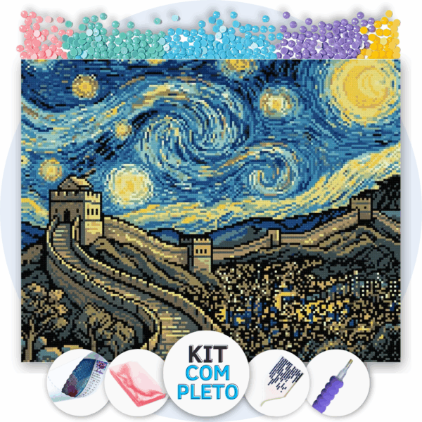 50x40cm - Noite Estrelada na Muralha - Kit Pintura com Cristais