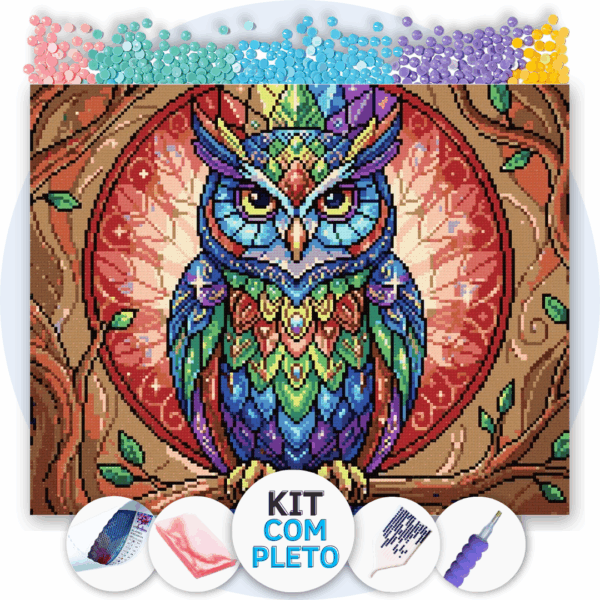 50x40cm - Coruja Vitral - Kit Pintura com Cristais