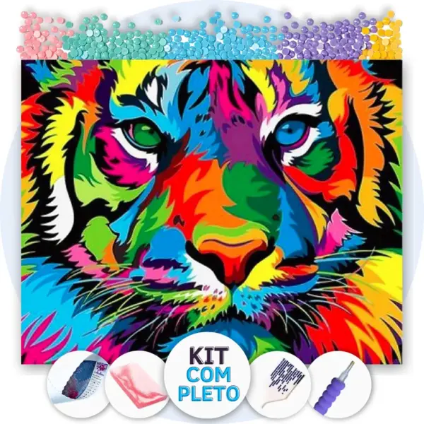 Tigre Vibrante Colorido - Kit Pintura com Cristais