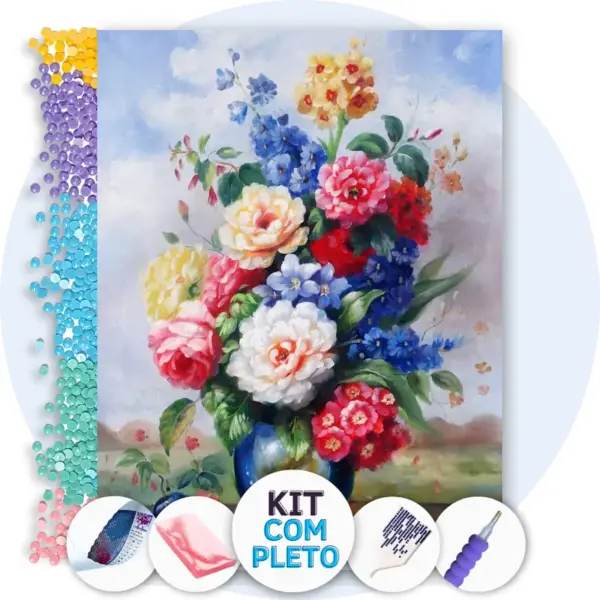 Vaso de Camélias Coloridas - Kit Pintura com Cristais