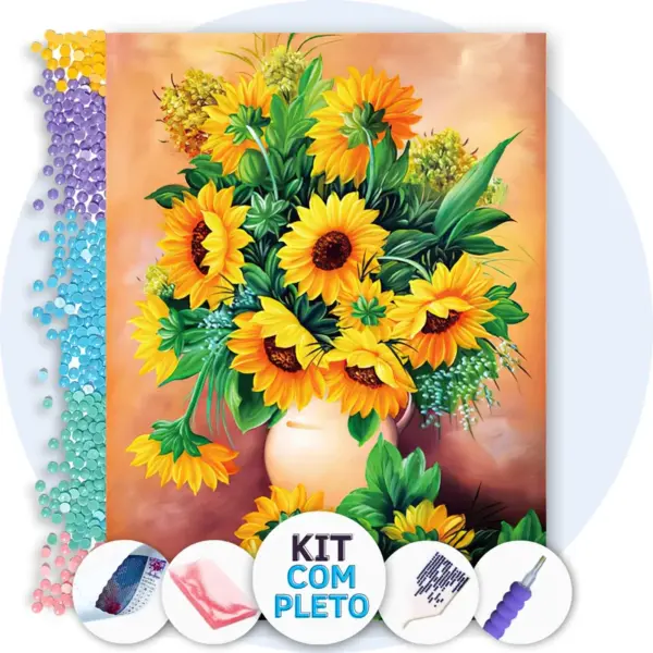 Vaso de Girassóis Vibrantes - Kit Pintura com Cristais