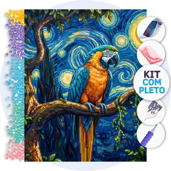 Arara em Noite Estrelada – Kit Pintura com Cristais