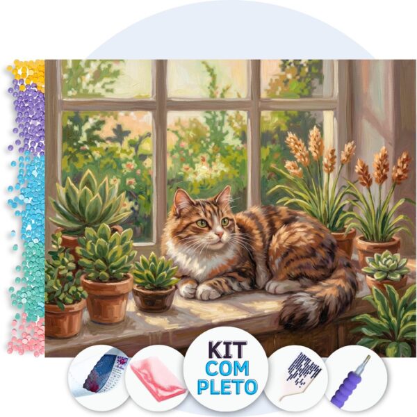 Gato entre Suculentas – Kit Pintura com Cristais